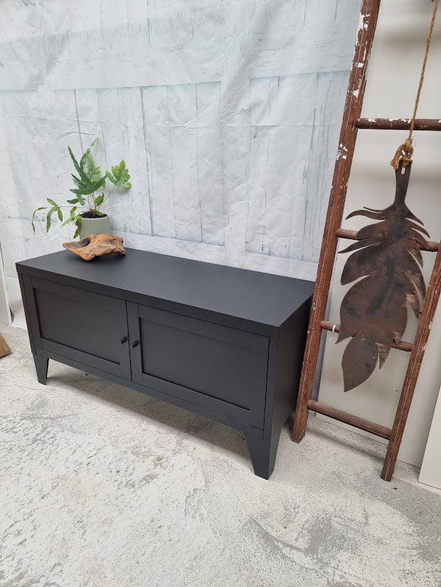 Black metal industrial TV cabinet . Locker style cabinet