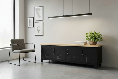 Black metal industrial bench with storage and oak top in office waiting room