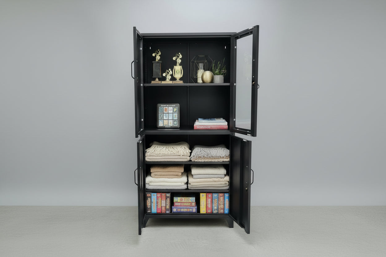 Black metal industrial bookshelf with open doors displaying books, trophies, and decorative items on a gray background