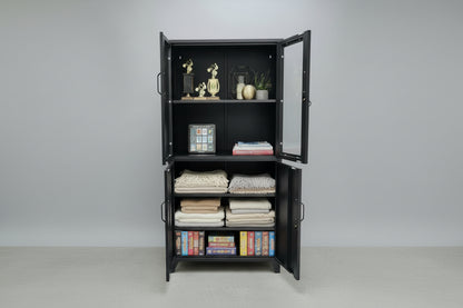 Black metal industrial bookshelf with open doors displaying books, trophies, and decorative items on a gray background