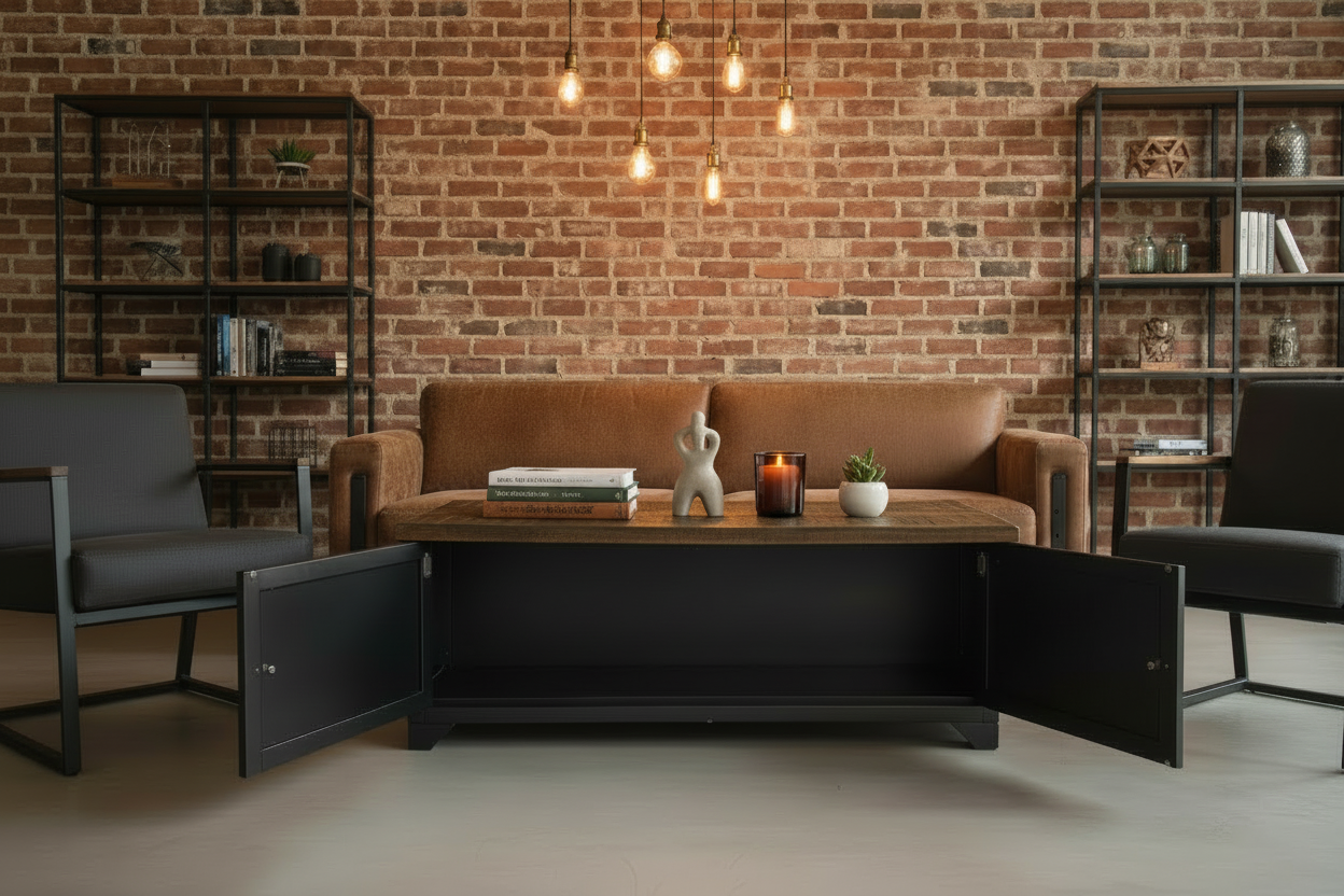 Black metal industrial coffee table with rustic Oak top storage