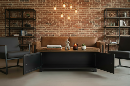 Black metal industrial coffee table with rustic Oak top storage