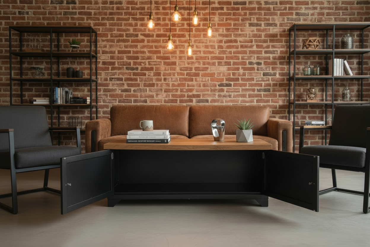 Black metal industrial coffee table with Oak top storage