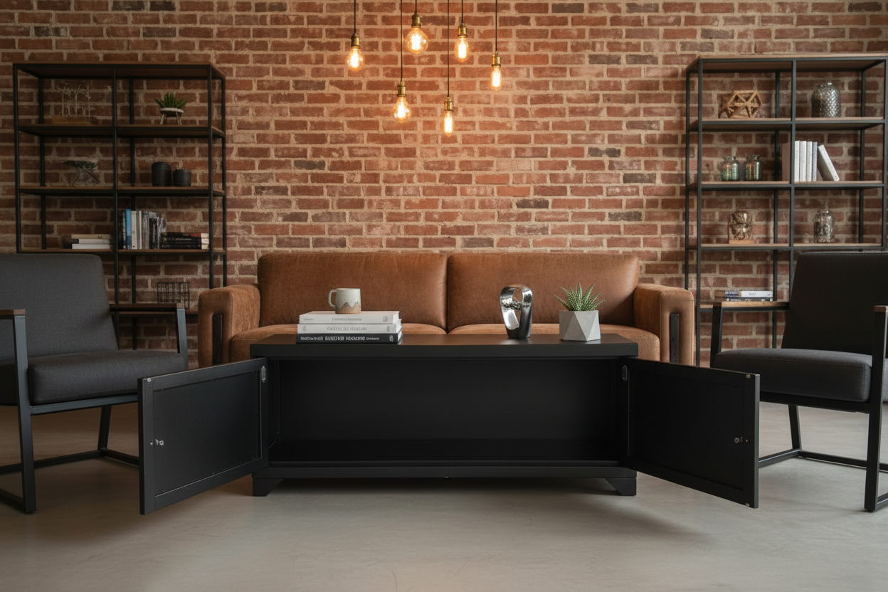 Black metal industrial coffee table with storage.