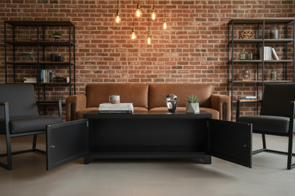 Black metal industrial coffee table with storage.