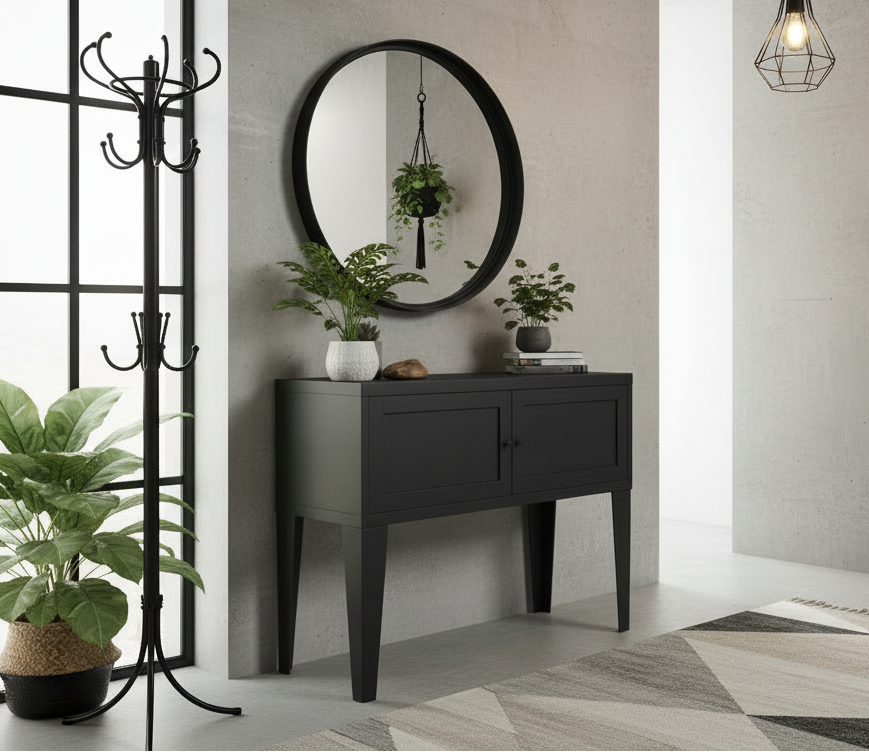 Black metal industrial hall console against a gray concrete wall with a plant and decorative elements.