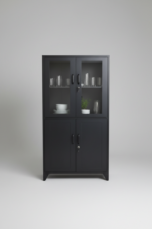 Black metal industrial locker cabinet with glass doors on a white background