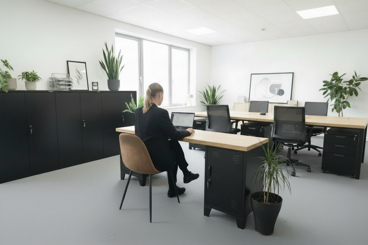 Black metal industrial locker desk with oak top, person sitting in chair in office