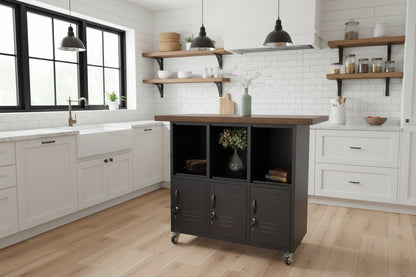 Black metal kitchen Island with open display 