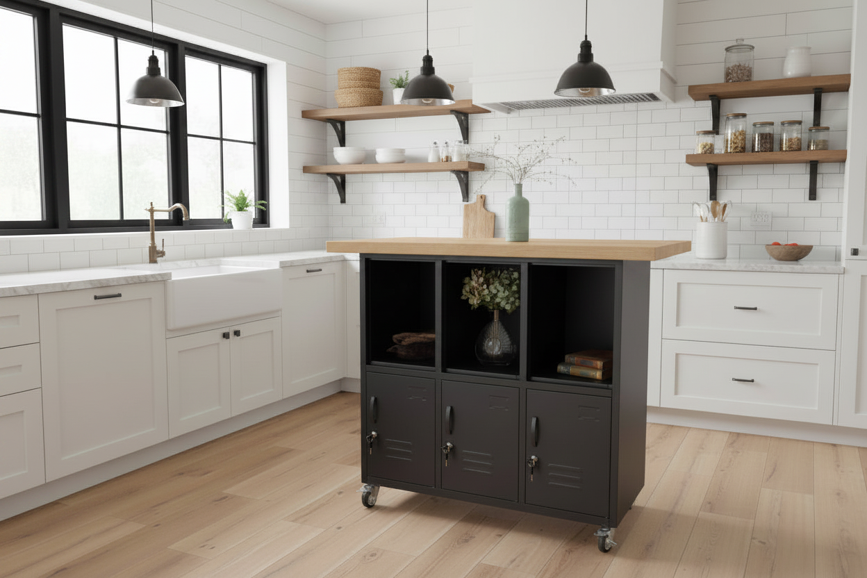Black metal kitchen Island with open display and caster wheels in white kitchen