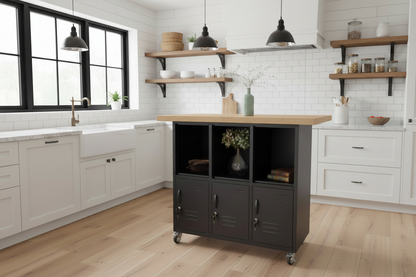Black metal kitchen Island with open display and caster wheels in white kitchen