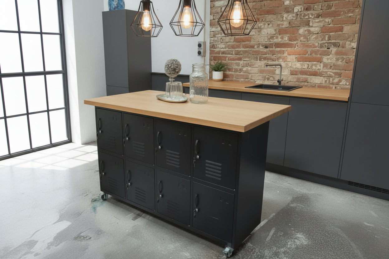 Black metal kitchen island with 8 storage lockers with a Oak top in an kitchen