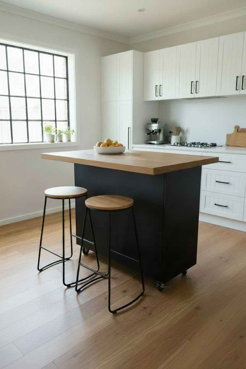 Black metal kitchen island with storage and rustic Oak top in a white kitchen
