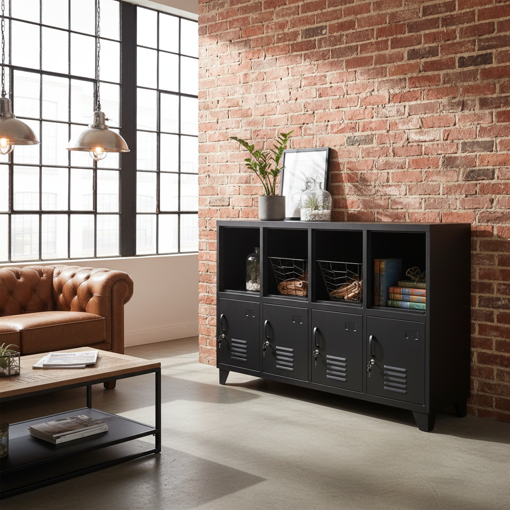 Black metal locker-style cabinet , open display top and lockable hidden storage