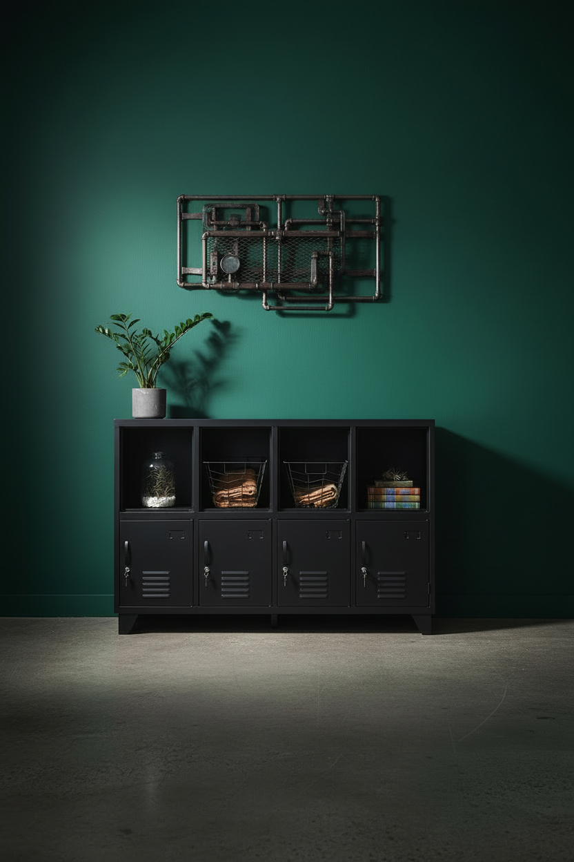 Black metal locker-style cabinet with open display as industrial bookshelf