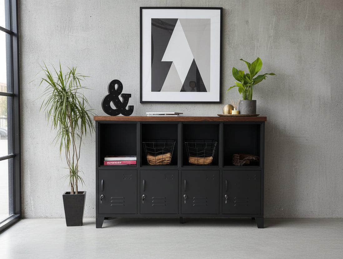 Black metal locker-style cabinet with Dark oak top, open display top and lockable hidden storage