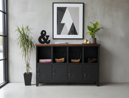 Black metal locker-style cabinet with Dark oak top, open display top and lockable hidden storage