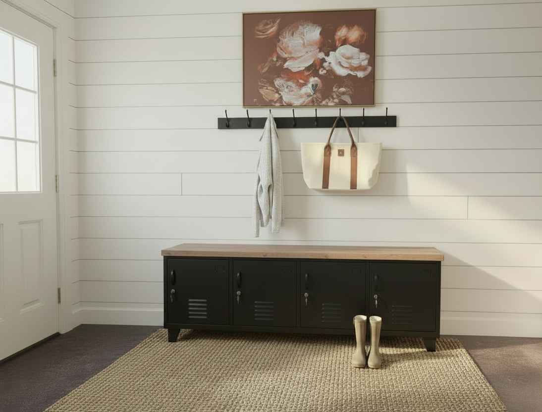 Black metal locker-style cabinet with rustic Rimu top against a striped wall with a floral painting.