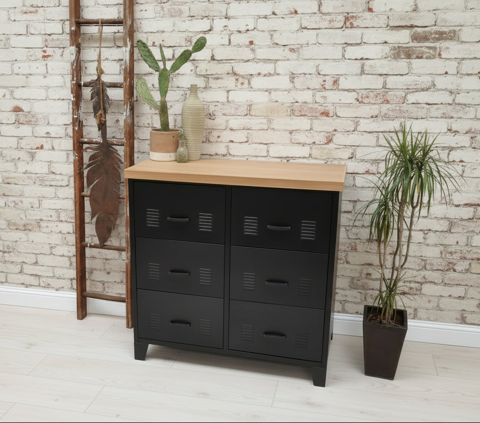 Black metal locker-style drawers with Oak wooden top against a light gray wall.