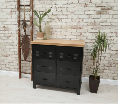 Black metal locker-style drawers with Oak wooden top against a light gray wall.