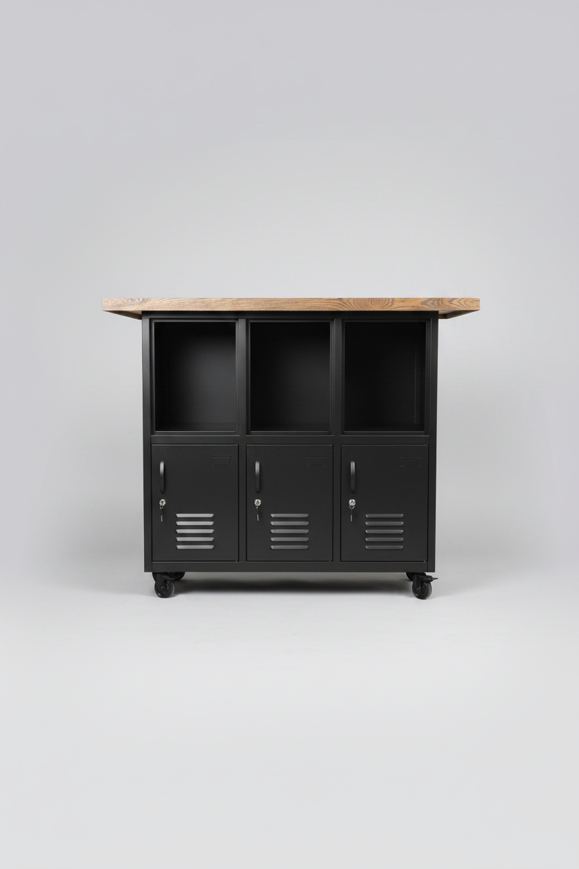 Black metal locker-style storage unit with Island rustic oak top