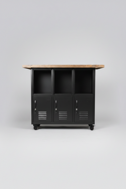 Black metal locker-style storage unit with Island rustic oak top