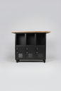 Black metal locker-style storage unit with Island rustic oak top