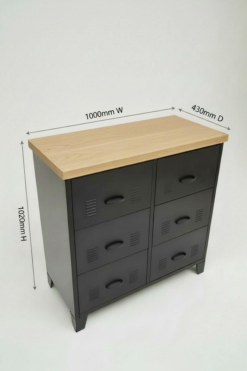 Black metal tallboy drawers with 6 drawers and Oak top, showing measurements