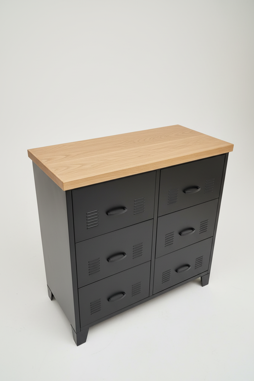Black metal locker-style tallboy with Oak wooden top against a light gray wall.
