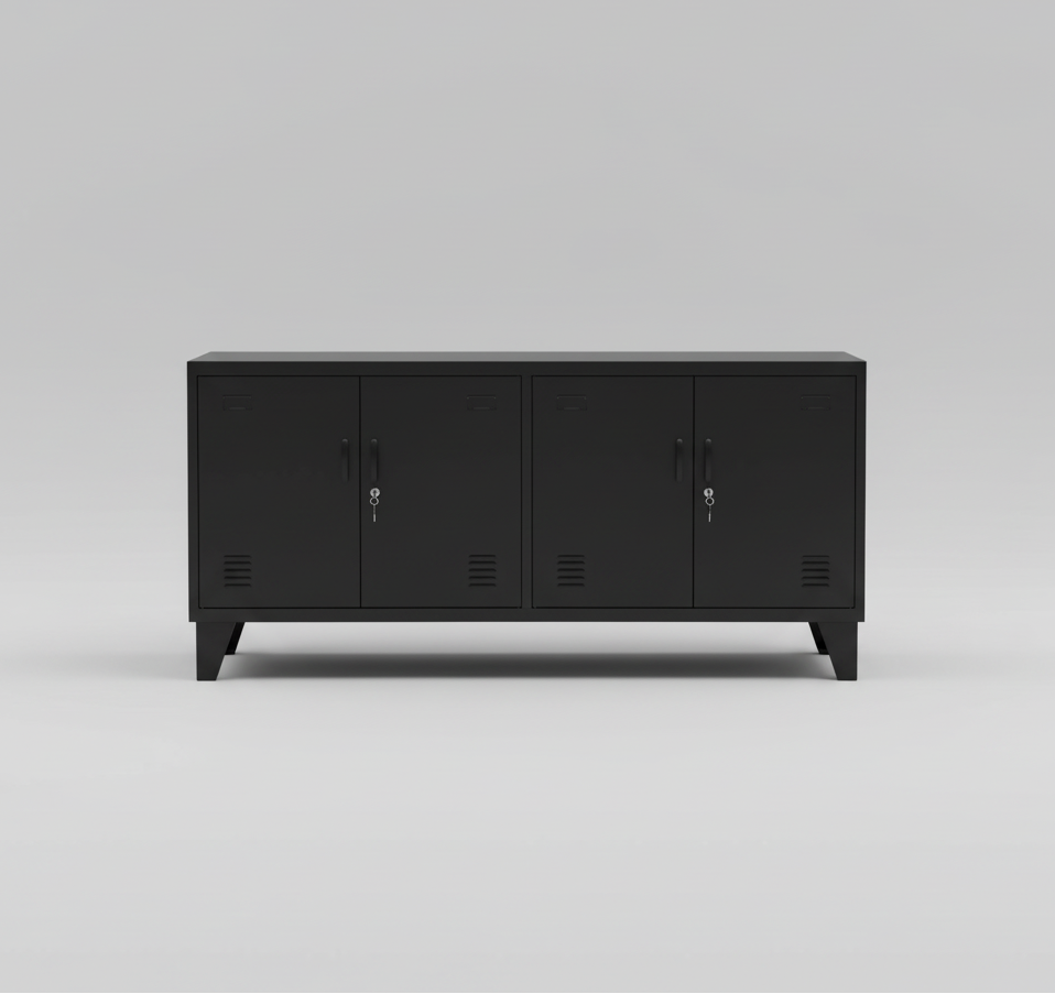 Black metal locker cabinet on a gray background. Versatile storage