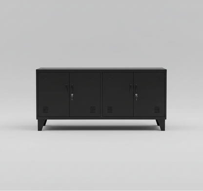 Black metal locker cabinet on a gray background. Versatile storage