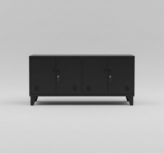 Black metal locker cabinet on a gray background. Versatile storage