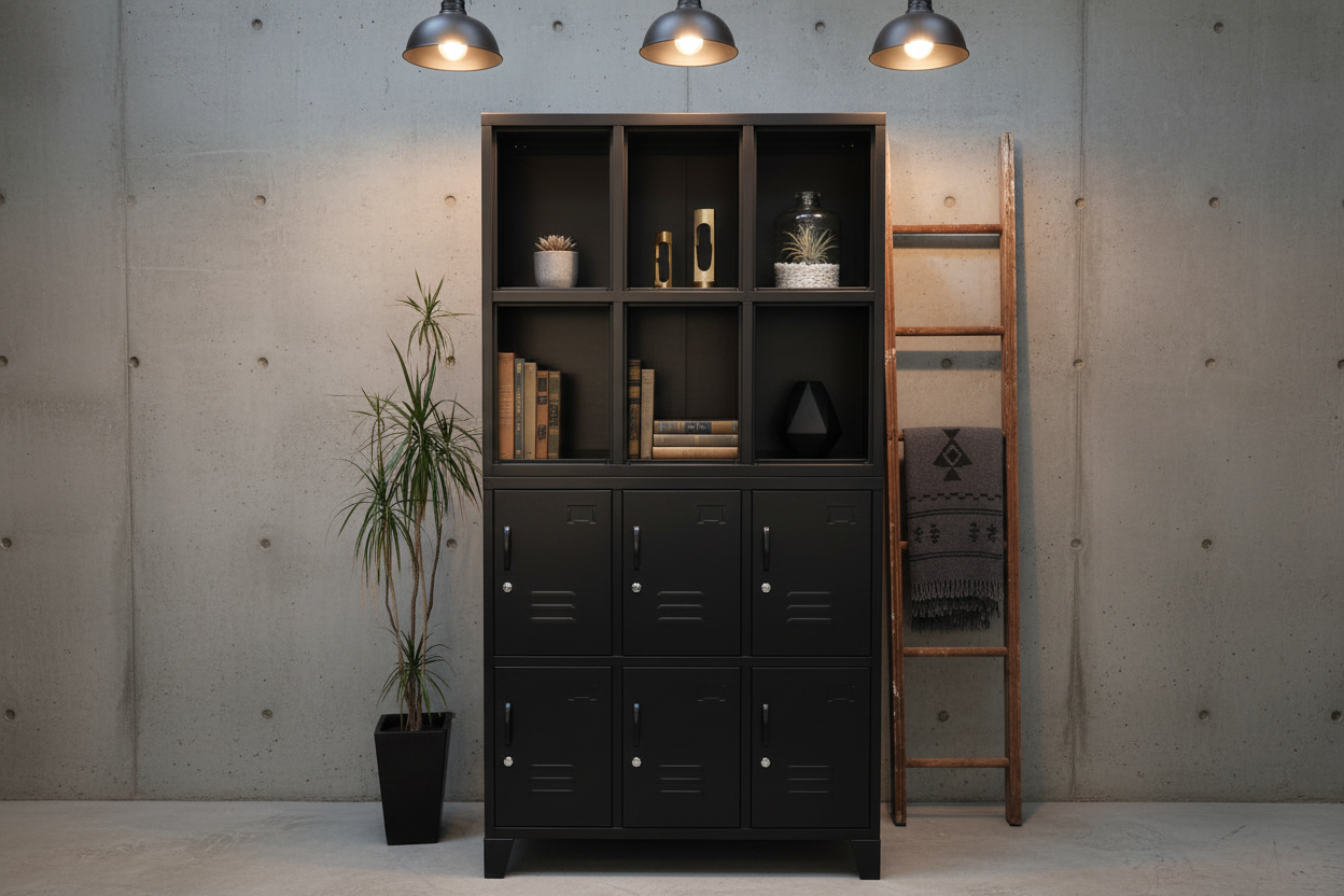 Black metal locker cabinet with open display shelving on the top half and lockable doors down the bottom in office