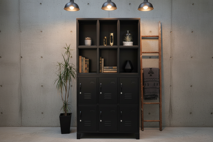 Black metal locker cabinet with open display shelving on the top half and lockable doors down the bottom in office