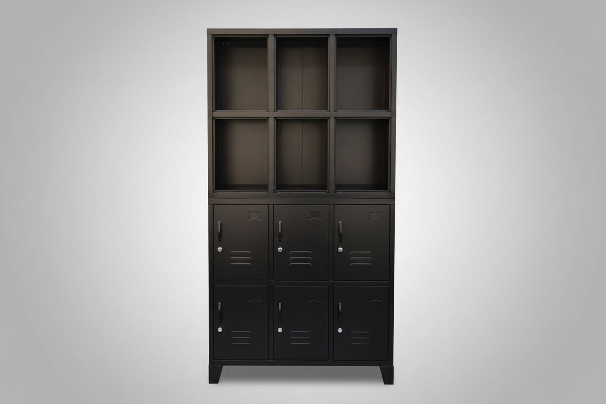 Black metal locker cabinet with open display shelving on the top half and lockable doors down the bottom