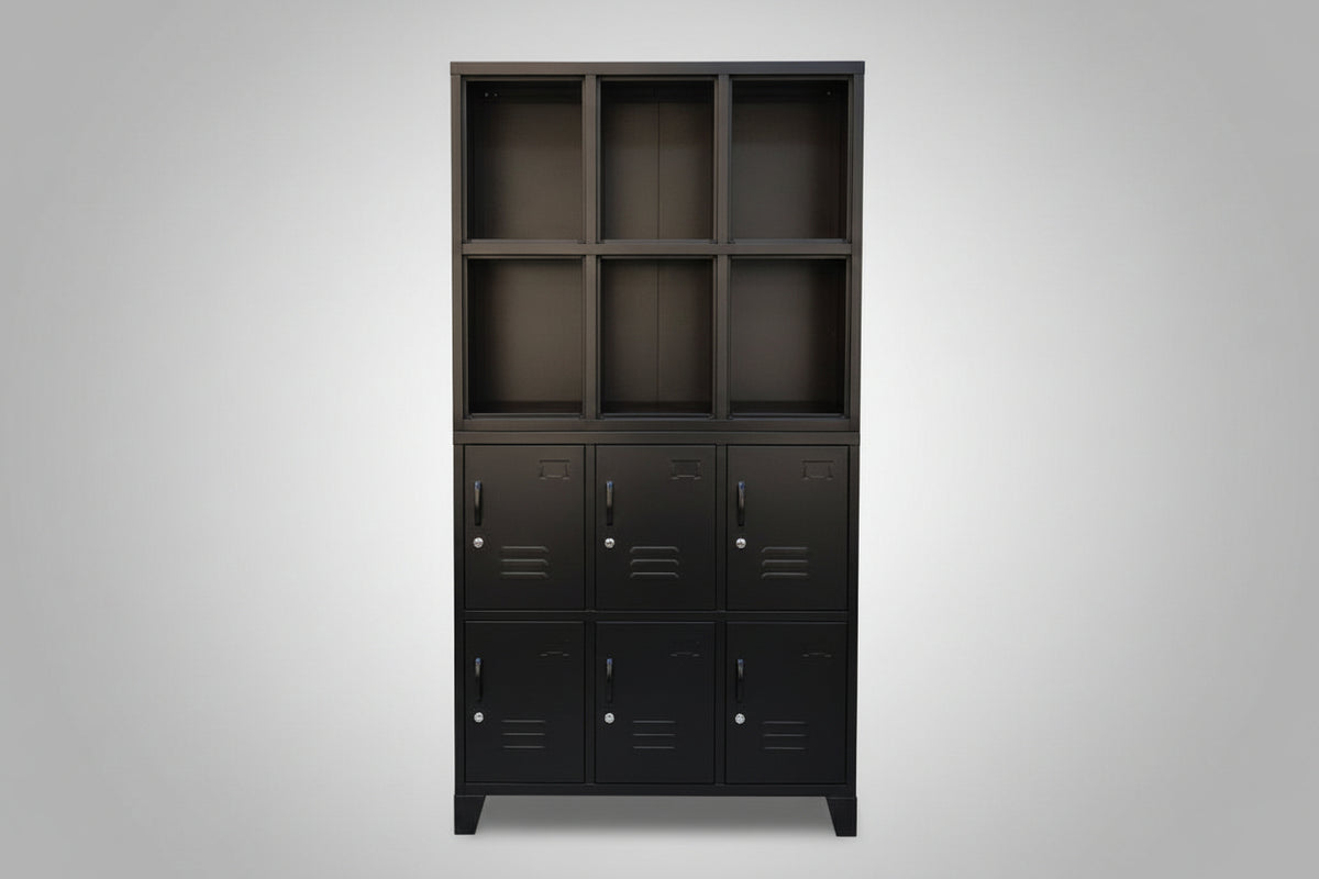 Black metal locker cabinet with open display shelving on the top half and lockable doors down the bottom
