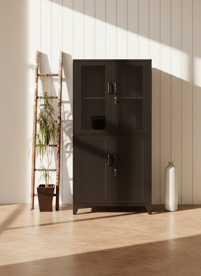 Black metal locker cabinet with glass doors in a room with a white brick wall and wooden floor.