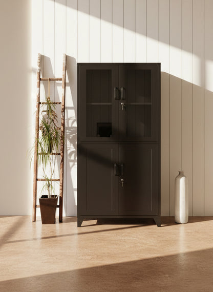 Black metal locker cabinet with glass doors in a room with a white brick wall and wooden floor.