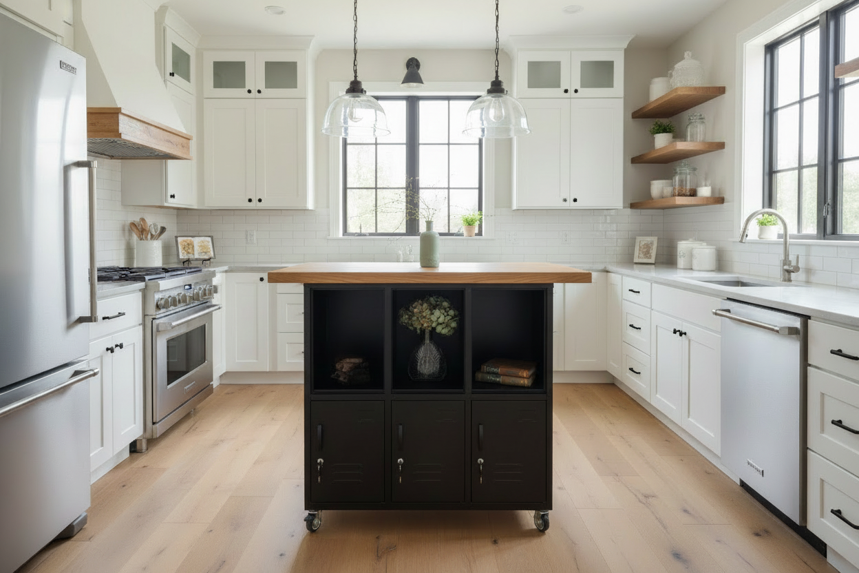 Black metal locker kitchen Island with open display in NZ