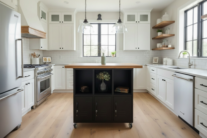Black metal locker kitchen Island with open display in NZ