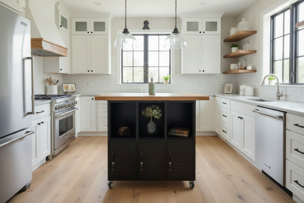 Black Industrial Metal Kitchen Island – Rimu Top – NZ Locker Shop