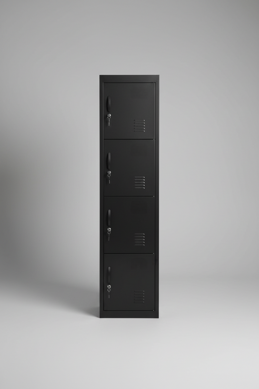 Black metal locker with four doors on a gray background