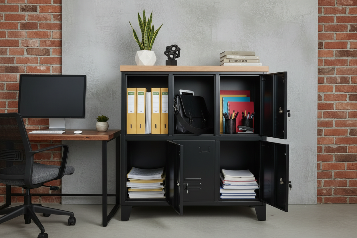 Black metal locker with  pale oak top, open doors used for lockable Office storage