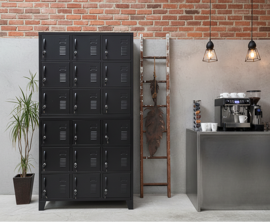 Black metal lockers with 18 doors in a staff room