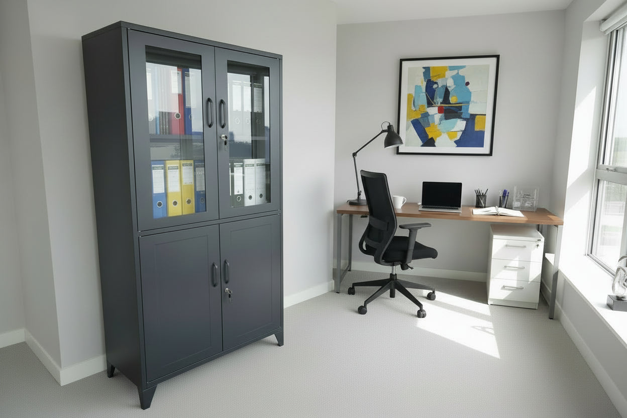Black metal office cabinet with glass doors in an office setting