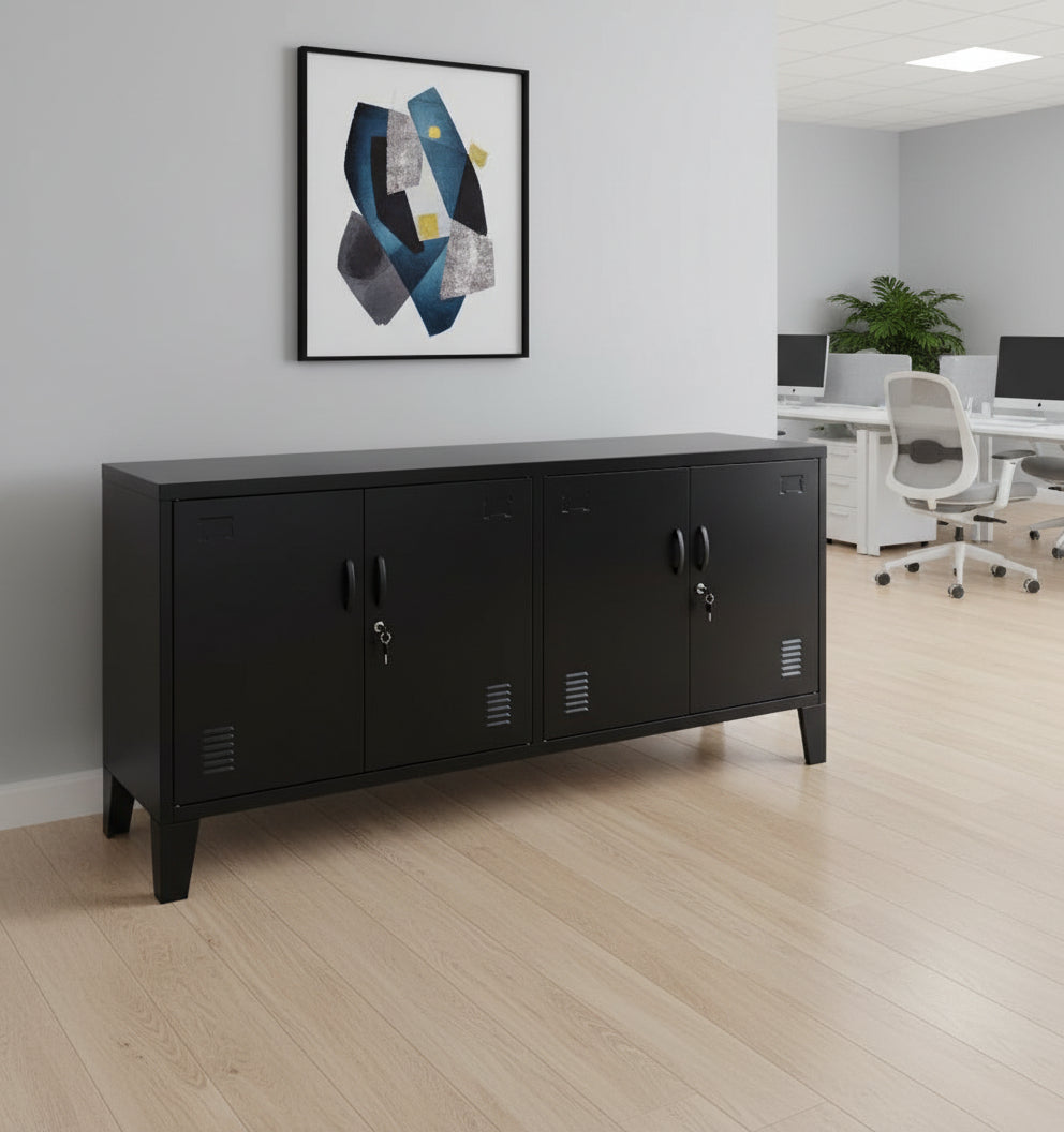 Black metal office credenza sideboard cabinet in a modern office setting with a desk and artwork on the wall.