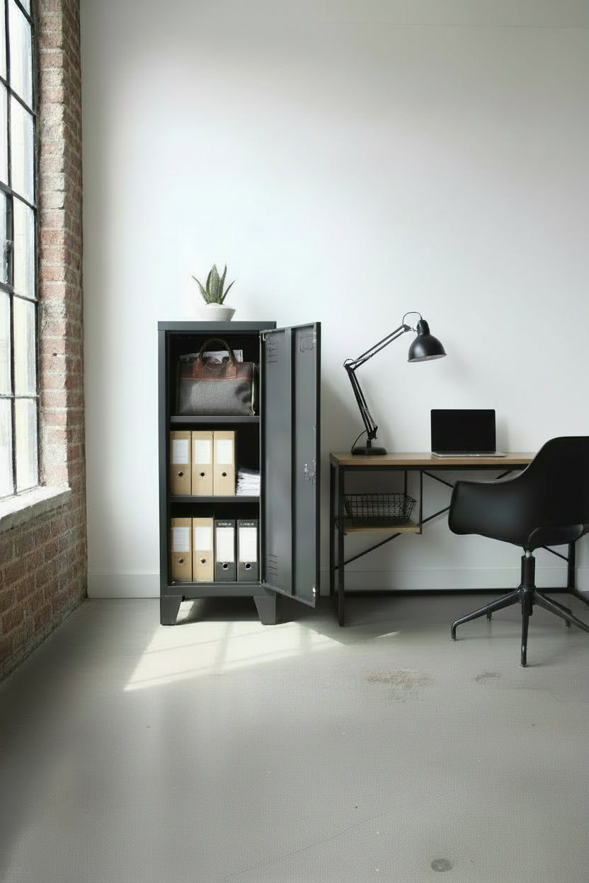 Black metal slim cabinet in an office