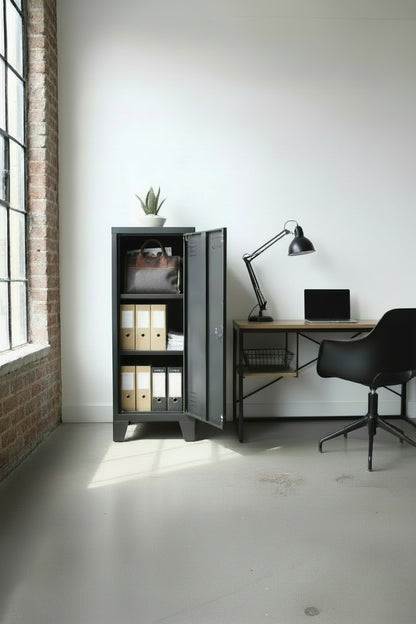 Black metal slim cabinet in an office
