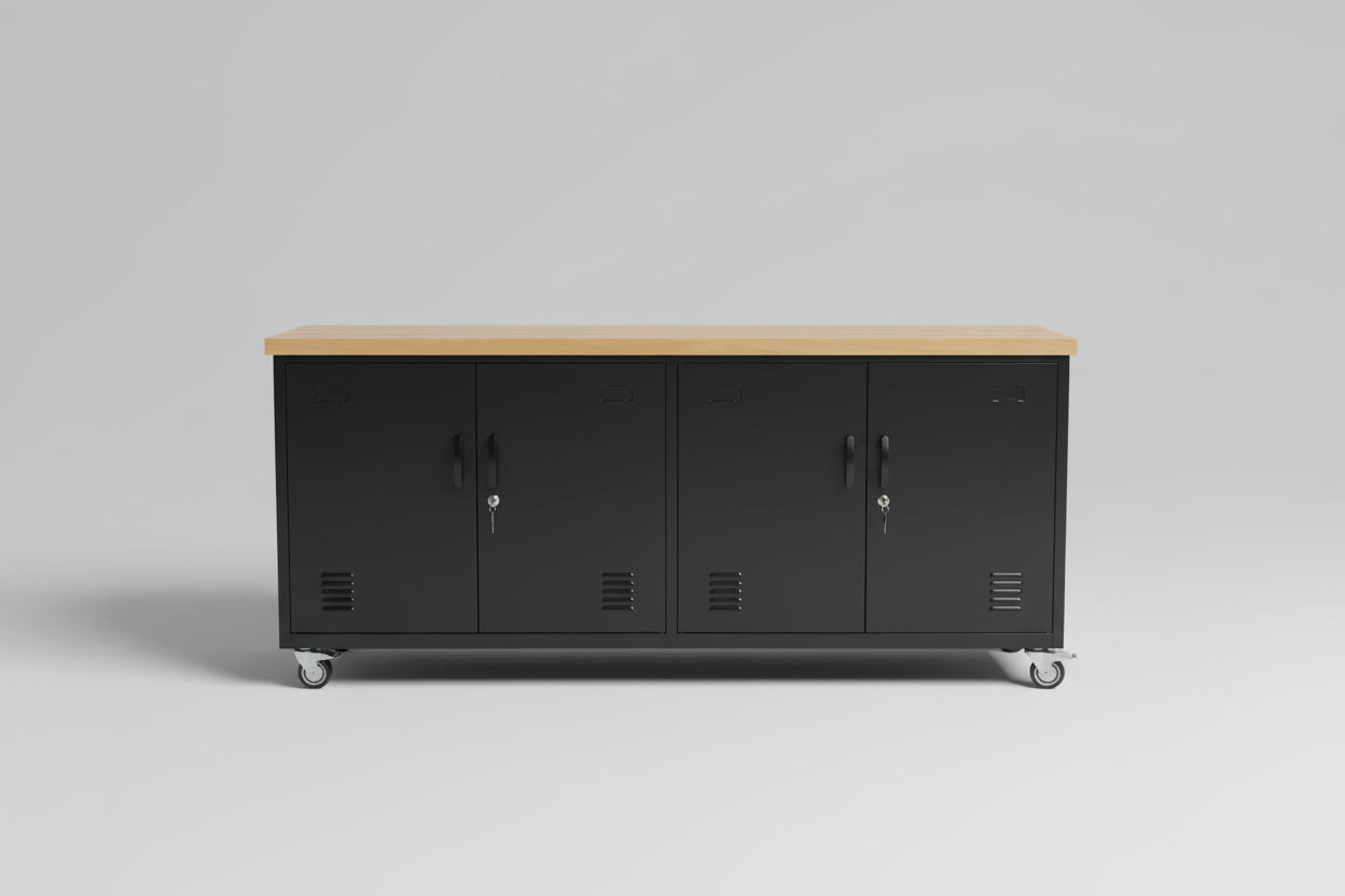 Black metal storage cabinet with Rimu top with caster wheels in an industrial setting
