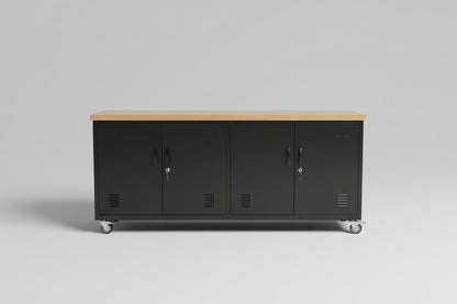 Black metal storage cabinet with Rimu top with caster wheels in an industrial setting